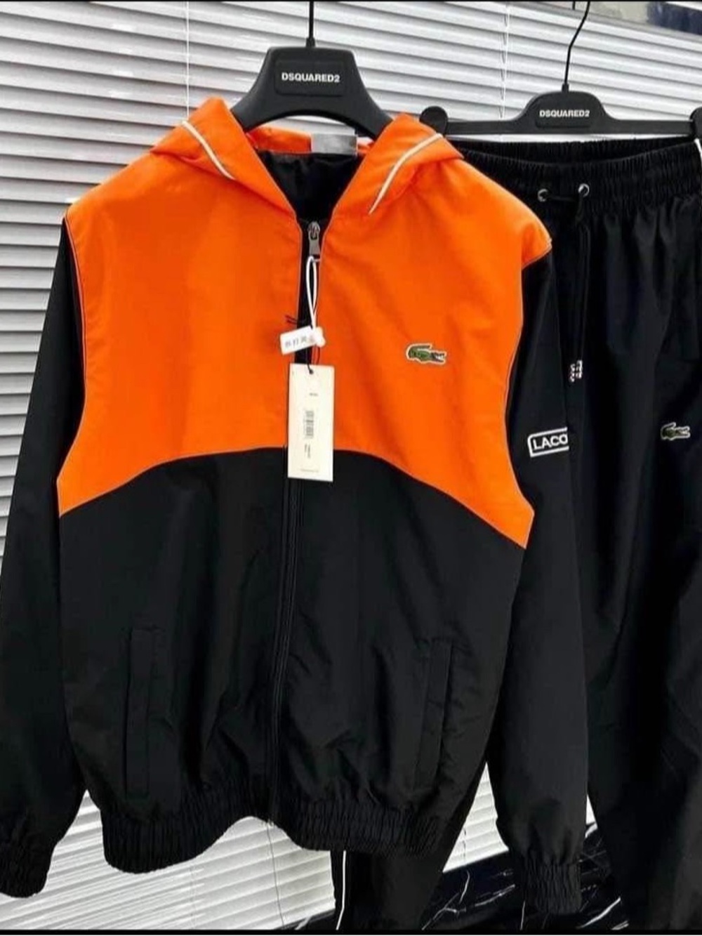 Lacoste Orange and Black Colorblock Hooded Zip Jacket